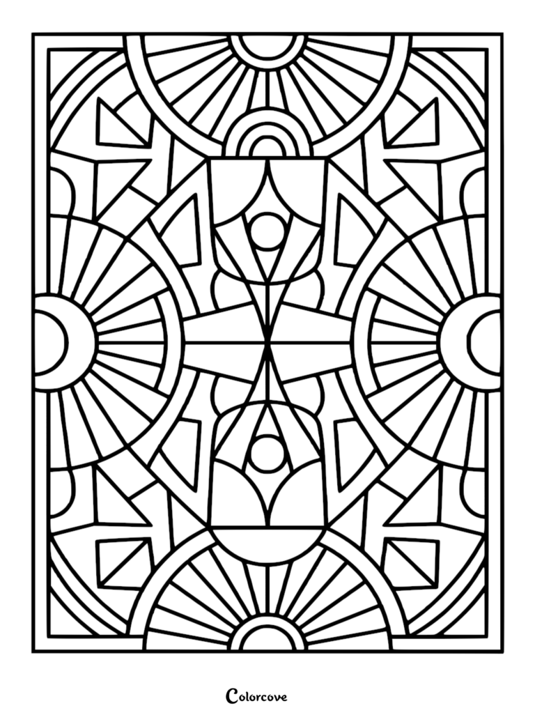 Art Deco style geometric coloring page featuring symmetrical sunbursts, circles, and sharp angular lines.