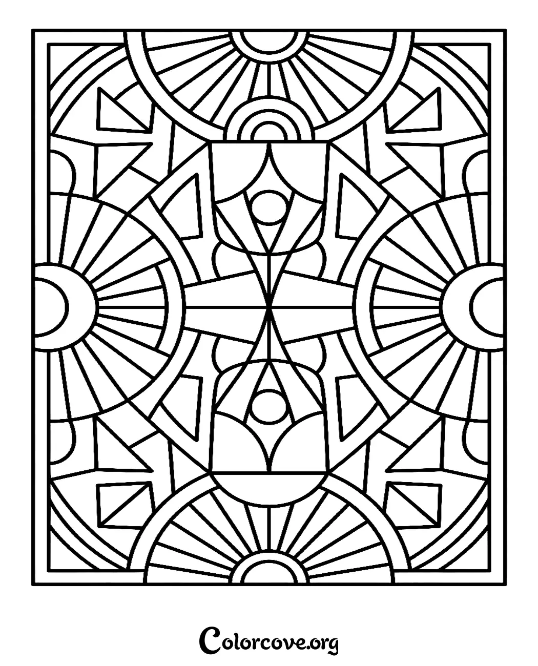 Unwind with this beautiful geometric pattern coloring page featuring sophisticated Art Deco inspired shapes and circular sunbursts. Download and print this intricate design in seconds for a relaxing creative activity.