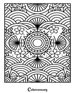 A printable coloring page featuring a Japanese-inspired pattern with cherry blossoms, radiating suns, and geometric wave motifs for adults.
