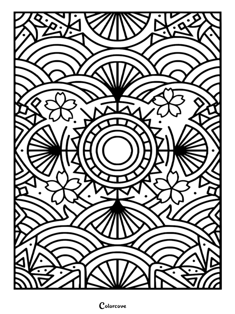 A printable coloring page featuring a Japanese-inspired geometric pattern with concentric circles, sunburst fans, and cherry blossom flowers.
