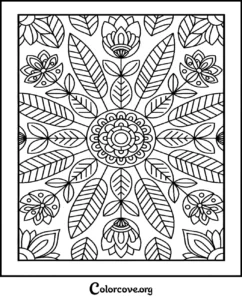 A beautiful floral mandala pattern coloring page with intricate flowers and leaf designs for stress relief and relaxation.
