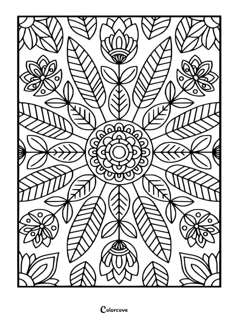 A symmetrical floral mandala coloring page featuring a central circular motif surrounded by stylized leaves and blooming flowers.