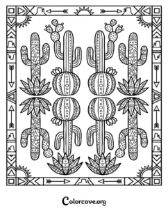 A detailed Southwestern-themed cactus coloring page for adults and kids featuring intricate desert patterns and geometric borders.