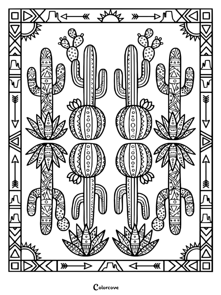 A symmetrical coloring page featuring intricate tribal-patterned cacti and succulents framed by a geometric desert border with arrows and suns.