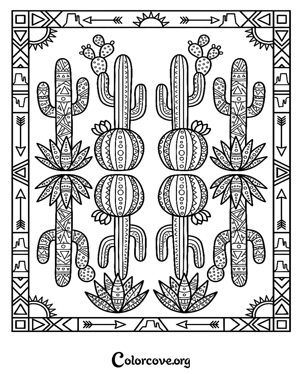 Escape to the desert with this intricate Southwestern cactus pattern coloring page. Download and print this beautiful geometric design for free to enjoy a relaxing and creative coloring session.