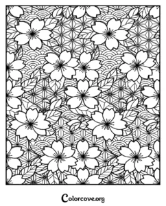 A detailed cherry blossom floral pattern coloring page featuring intricate Japanese geometric background motifs for adults and teens.