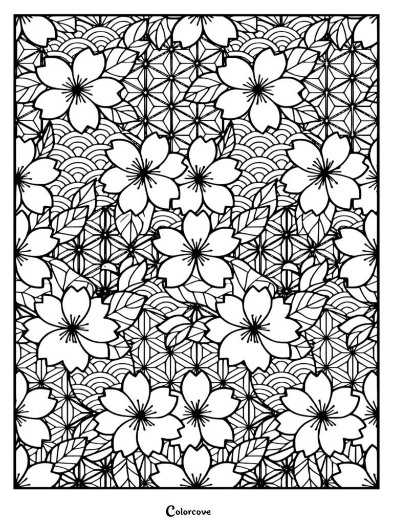 A printable coloring page featuring a repeating pattern of cherry blossoms layered over traditional Japanese seigaiha wave and hemp leaf geometric motifs.