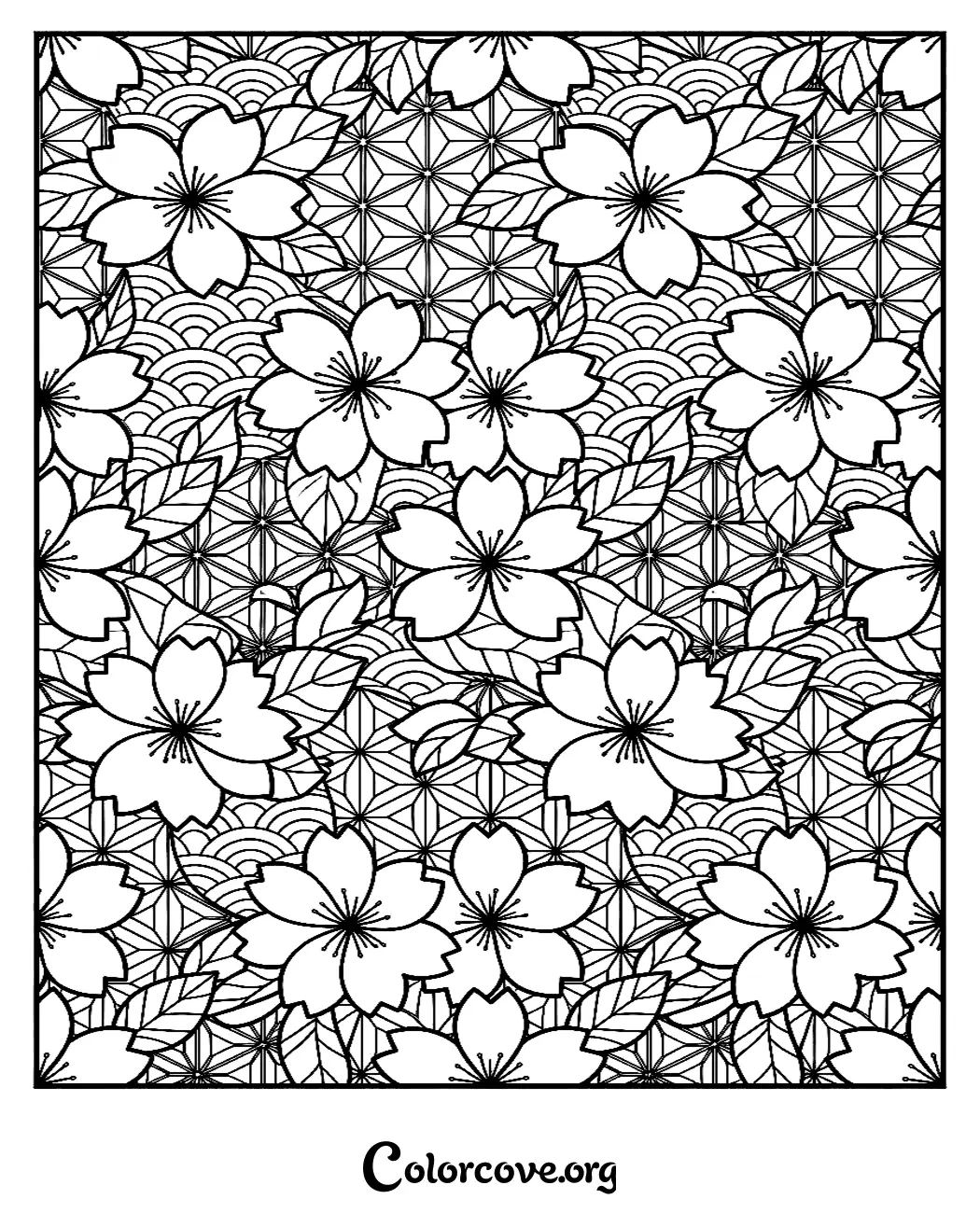 Unwind with this beautiful floral cherry blossom pattern coloring page. Featuring a relaxing combination of sakura flowers and traditional geometric background elements, this printable design is perfect for stress relief.