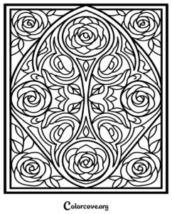 A beautiful rose floral pattern coloring page featuring intricate symmetrical flower designs and leaves, perfect for adult relaxation.