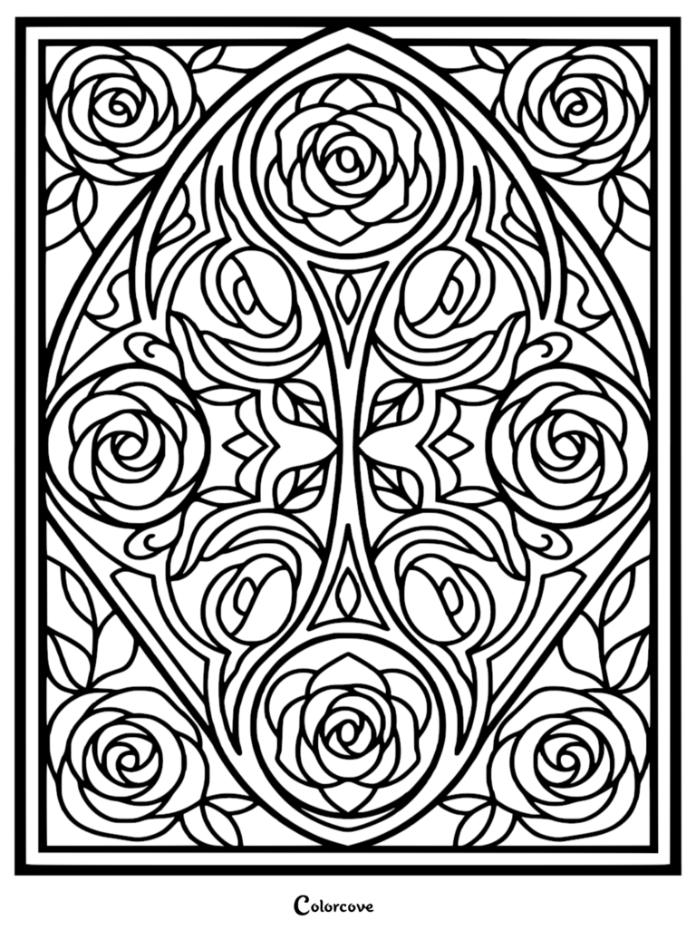 A symmetrical Art Nouveau style coloring page featuring stylized roses arranged within an oval frame and geometric borders.