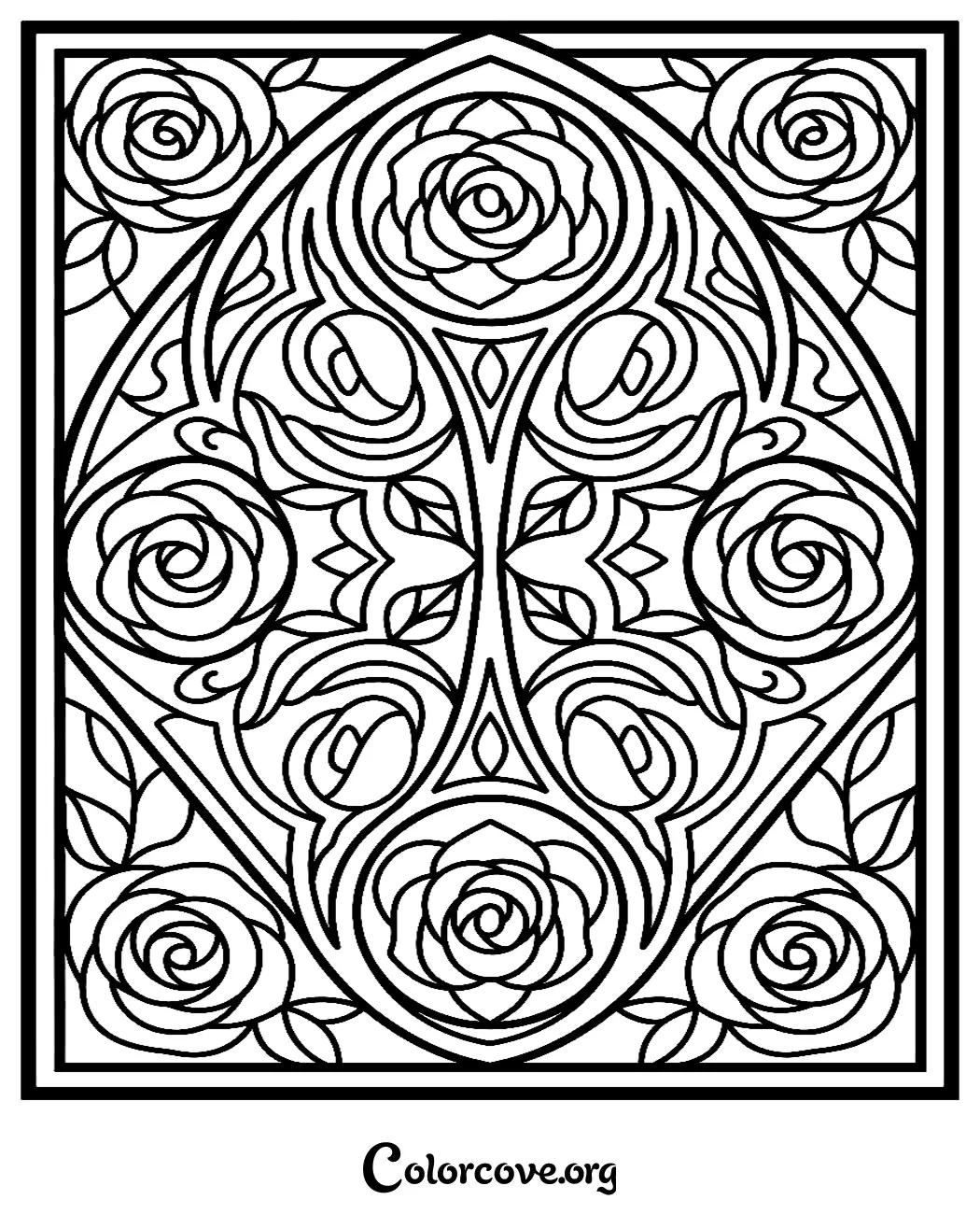 Unwind with this elegant rose pattern coloring page featuring symmetrical floral details. Download and print this intricate design in seconds for a peaceful creative activity.