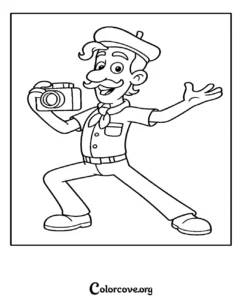 A friendly black and white printable coloring page of Mr. Porter from Paw Patrol holding his camera.