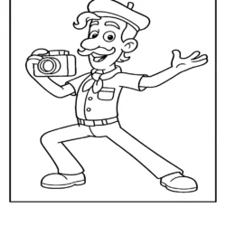 A friendly black and white printable coloring page of Mr. Porter from Paw Patrol holding his camera.