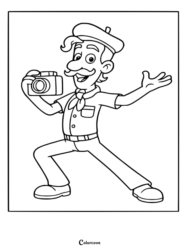 Detailed line art coloring page of Francois Turbot from Paw Patrol holding a camera and wearing a beret.