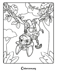 Marshall from Paw Patrol hanging upside down from a jungle vine with his rescue gear in this fun printable coloring page for kids.