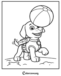 A cute Paw Patrol coloring page featuring Marshall the fire pup playing with a beach ball, perfect for young children.