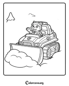 Everest from Paw Patrol driving a winter snow plow vehicle coloring page for kids to print