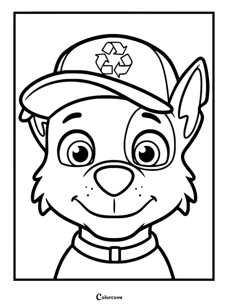 A black and white line art coloring page of Rocky from Paw Patrol wearing his signature recycling hat and a collar, featuring a close-up of his smiling face and large expressive eyes.