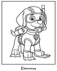 A printable Paw Patrol coloring page featuring Zuma the chocolate Labrador wearing his scuba gear, diving helmet, and flippers.