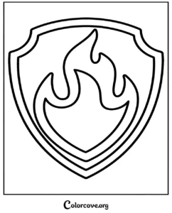 A printable Marshall Paw Patrol fire department badge coloring page featuring a flame emblem for kids to color.
