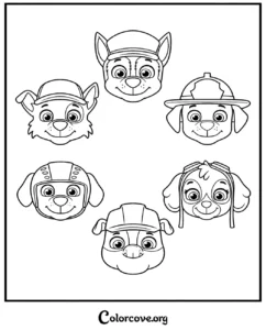 A printable Paw Patrol coloring page featuring the faces of Chase, Marshall, Rubble, Skye, and other favorite puppy characters.
