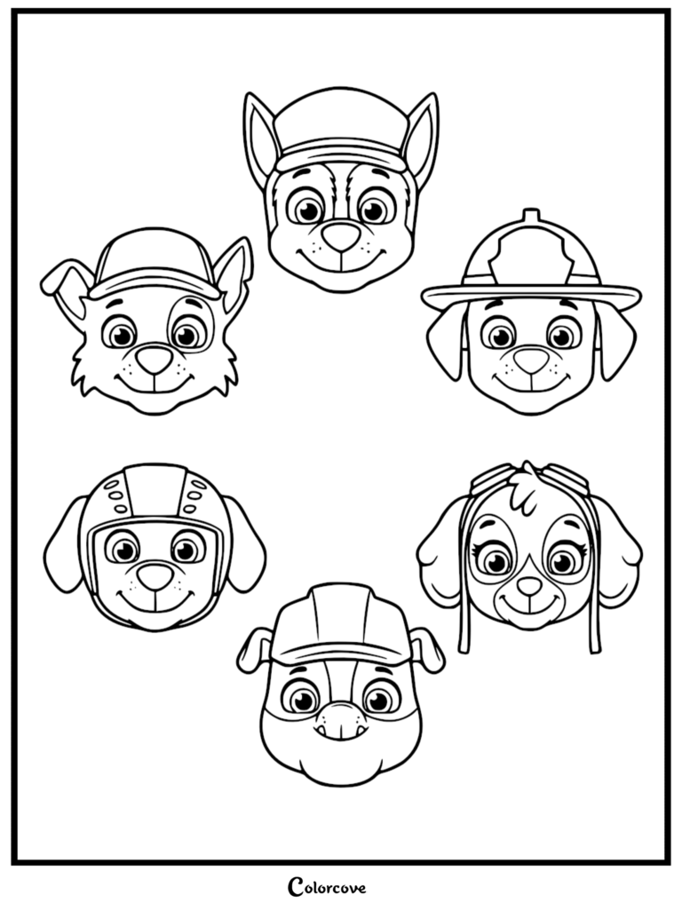 Black and white coloring page showing the heads of Chase, Marshall, Skye, Rubble, Rocky, and Zuma with their iconic headgear.