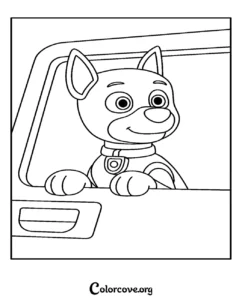 A printable Paw Patrol coloring page featuring Chase the police dog sitting in his vehicle, ready for a rescue mission.