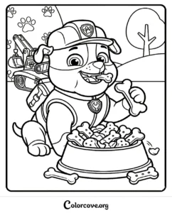 Rubble from Paw Patrol eating a bowl of dog bones in this printable coloring page for kids.
