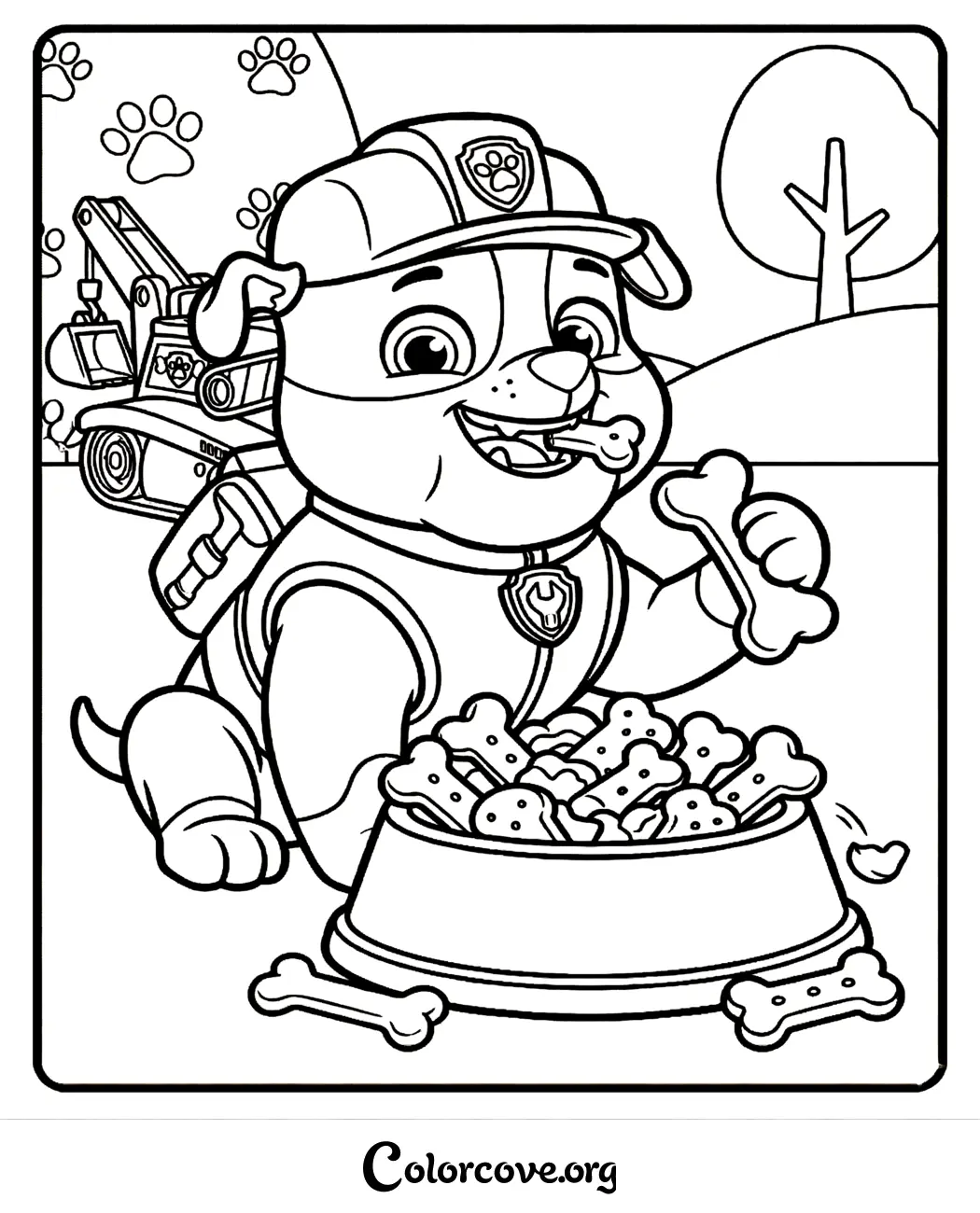 Join the construction pup Rubble for a snack with this fun Paw Patrol coloring page. Simply print at home for an instant activity your kids will love!