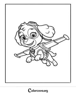 Skye from Paw Patrol wearing her flight gear, ready for a high-flying rescue mission in this free printable coloring page for kids.