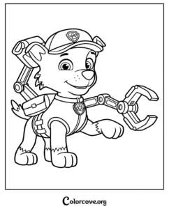 A printable Paw Patrol coloring page featuring Rocky the recycling pup with his mechanical claw and backpack.