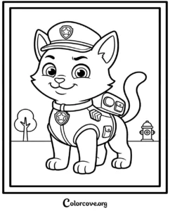 A printable coloring page of Liberty the playful cat from Paw Patrol wearing her police uniform and hat.