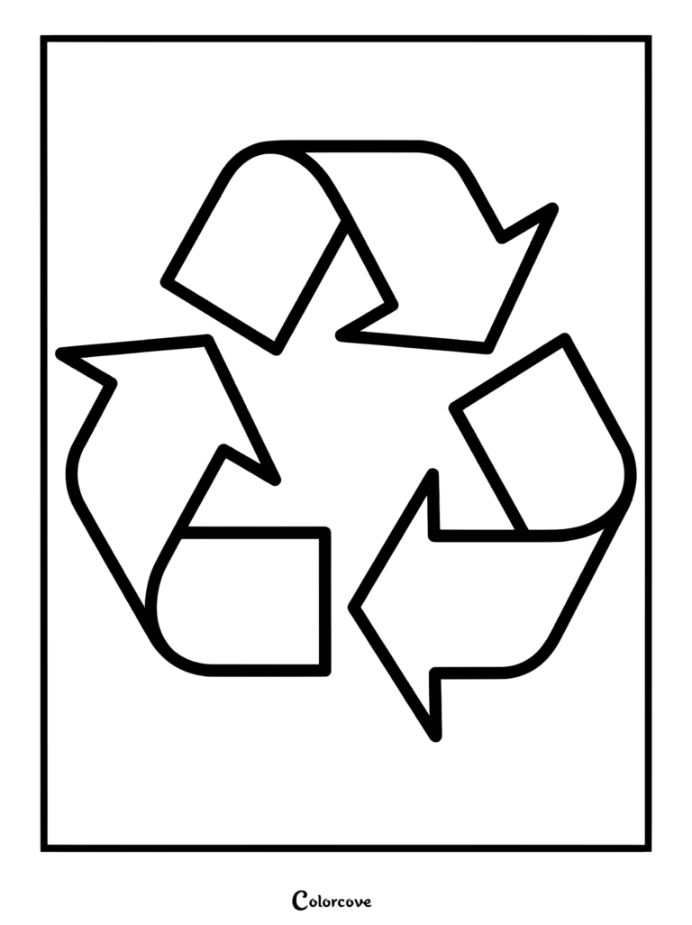 A large black and white recycling symbol coloring page featuring the three chasing arrows with Rocky's smiling mouth visible at the bottom.