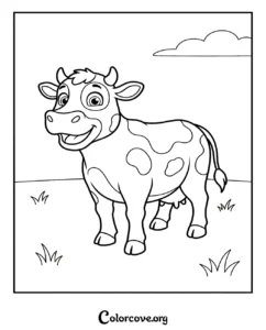 A cute cartoon cow standing in a grassy meadow coloring page for children to print and color
