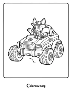 A printable Paw Patrol coloring page featuring Ryder driving his rescue ATV vehicle for kids.