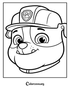 A printable coloring page featuring the face of Rubble, the construction bulldog from Paw Patrol, wearing his iconic hard hat.