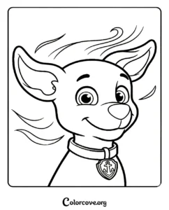 Tracker from Paw Patrol head portrait coloring page for kids with anchor badge