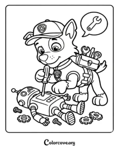 Rocky the recycle pup from Paw Patrol fixing a robot toy, printable coloring page for kids