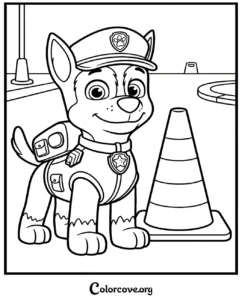 Chase from Paw Patrol standing next to a traffic cone in this free printable coloring page for kids.