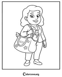 A printable Paw Patrol coloring page featuring Mayor Goodway carrying her pet chicken Chickaletta in a flower-patterned purse.