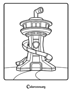 A detailed Paw Patrol Lookout Tower coloring page featuring the iconic headquarters building with its signature slide and periscope.