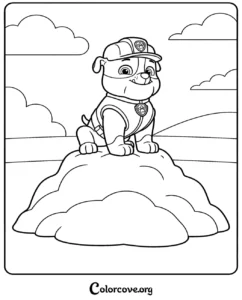 A friendly Rubble from Paw Patrol coloring page featuring the construction pup sitting on a hill ready to print for kids.