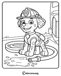 Marshall from Paw Patrol with his fire hose and helmet in a fun coloring page for kids to print and color.
