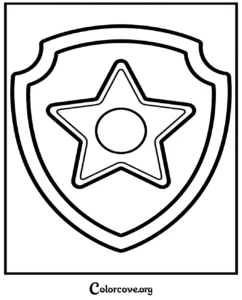 A printable Paw Patrol badge coloring page featuring the iconic shield and star emblem for kids.