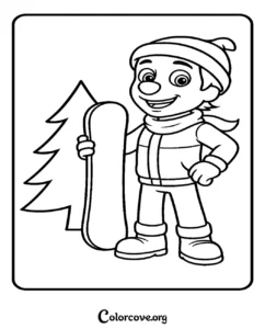 A printable coloring page of Ryder from Paw Patrol wearing a winter hat, scarf, and jacket while holding a snowboard next to a pine tree.