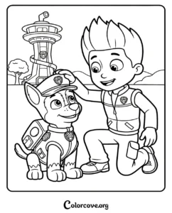 A printable Paw Patrol coloring page featuring Ryder petting Chase in front of the Lookout Tower.
