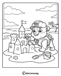 Rubble from Paw Patrol building a sandcastle on the beach in this free printable coloring page for kids.
