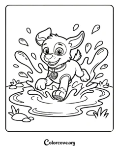 Zuma from Paw Patrol splashing in a mud puddle coloring page for kids to print and color