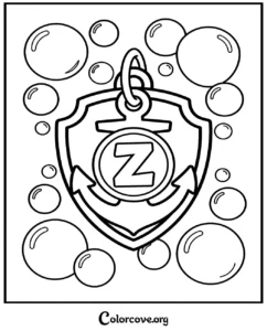 A printable Paw Patrol Zuma badge coloring page featuring an anchor icon and the letter Z surrounded by bubbles for kids.