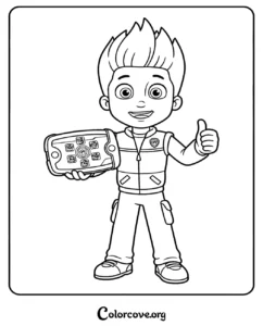 Ryder from Paw Patrol holding his pup pad giving a thumbs up, high-quality printable coloring page for kids.